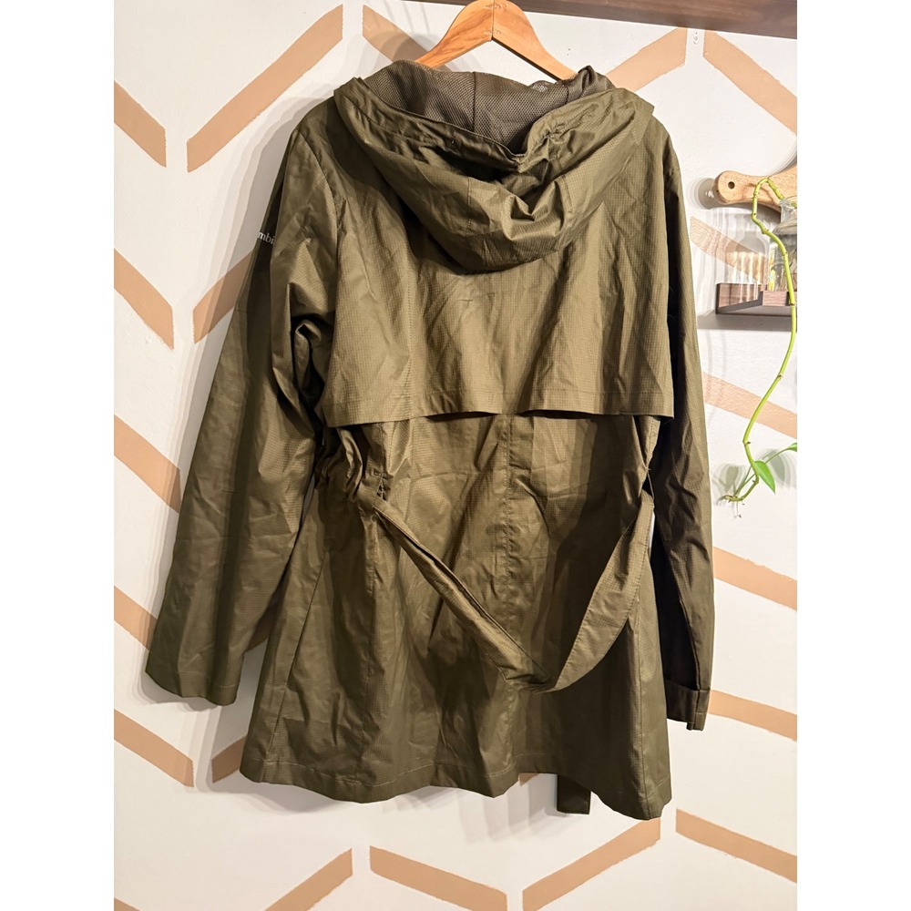 Columbia Rain Jacket Womens XL Green Belted Hooded Ripstop Windbreaker Trench - Picture 2 of 3
